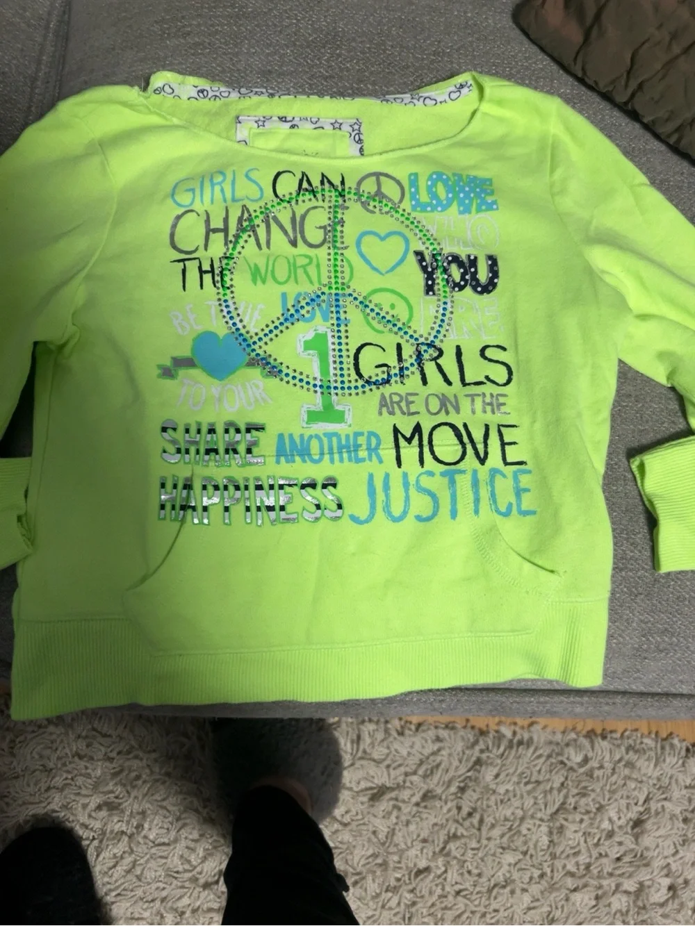 Y2K Girls' Justice sz 10 Lime Green Graphic Pullover Sweatshirt kangaroo pockets